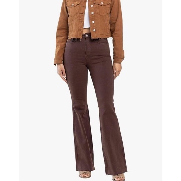 Judy Blue Denim - Judy Blue Women's High-Rise Espresso Brown Garment Dyed Flare Jeans Raw Hem 5/27